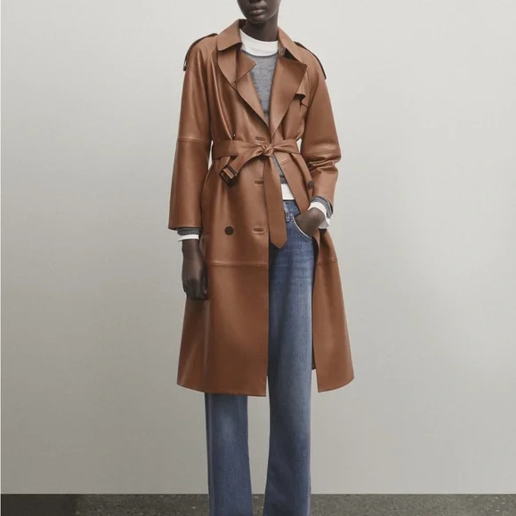 Massimo Dutti leather trench coat brown belted classic casual jacket - Picture 5 of 13